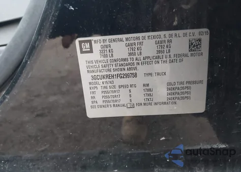 2015 Chevrolet Silverado 1500 1Lt z USA, uszkodzony, nr VIN 3GCUKREH1FG299758